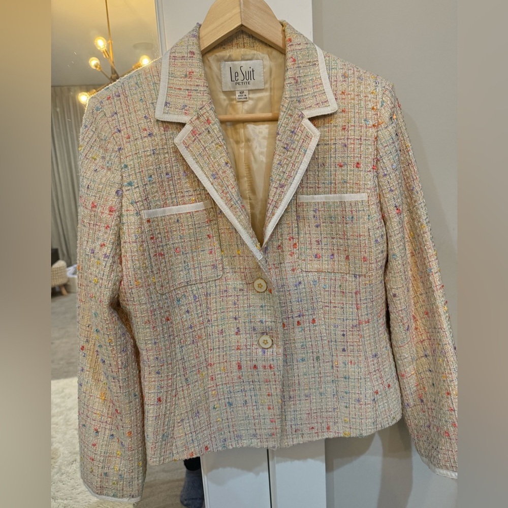 Le Suit Womens Cream Tweed Blazer Size 10P